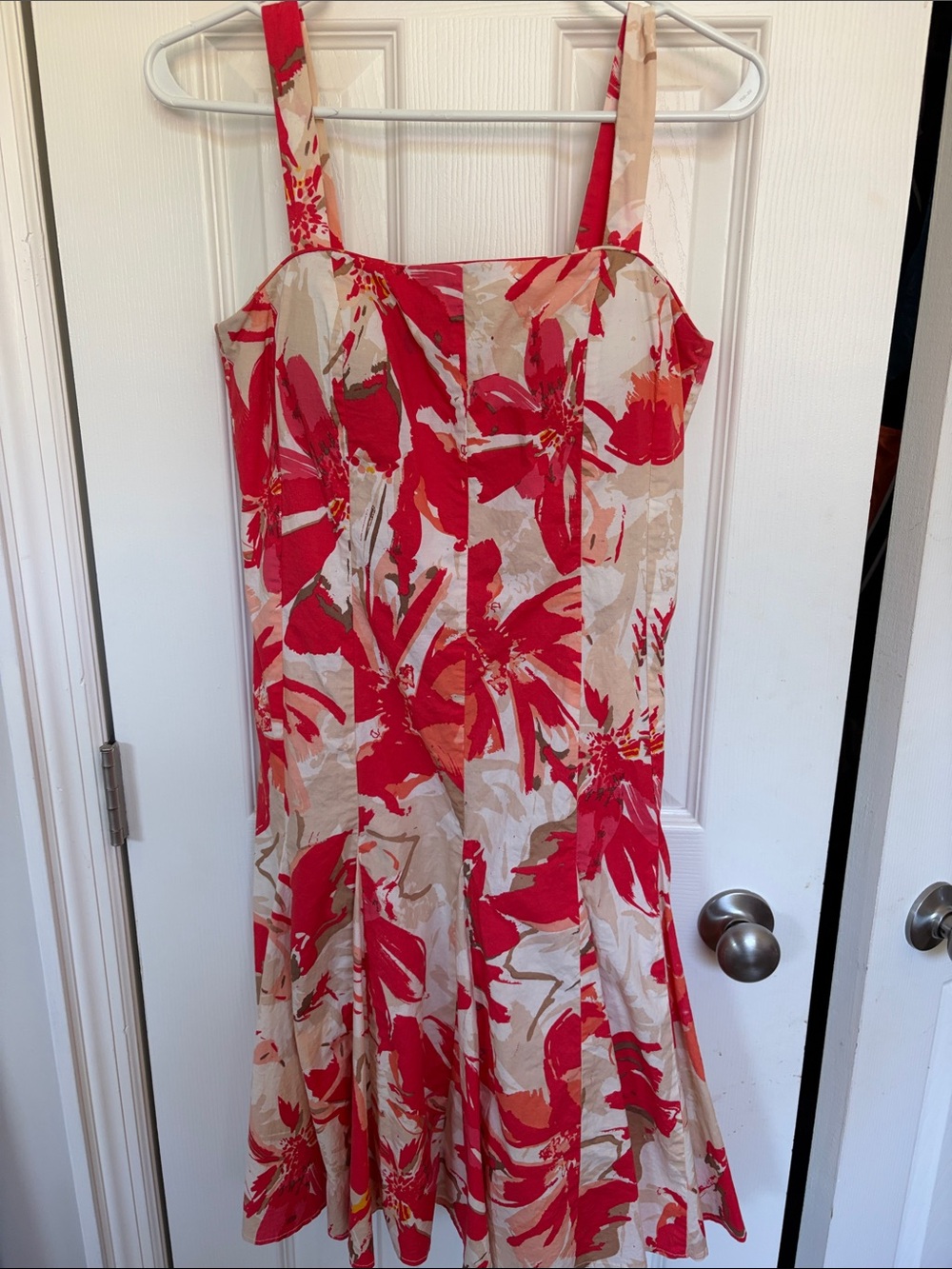 Red Floral Square-Neck Midi Dress with Cream Base
